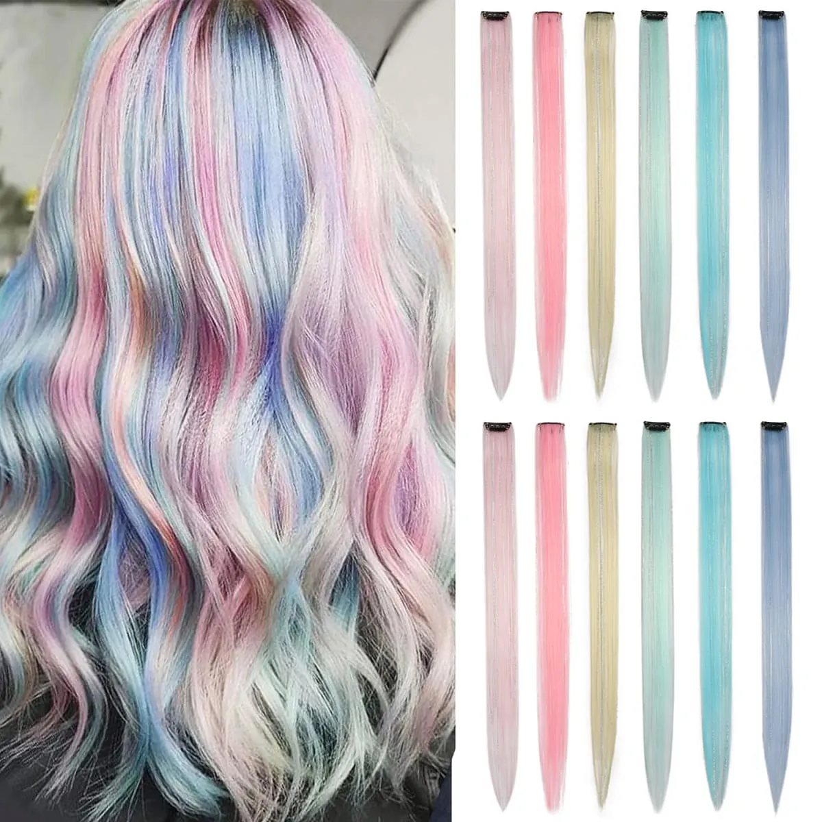 Mehrfarbige Clip-in-Haarverlängerungen, gemischte Lametta, farbige Haarverlängerungen, 2-in-1-Regenbogenhaar mit silbernen Lametta für Kinder und Mädchen — image 11