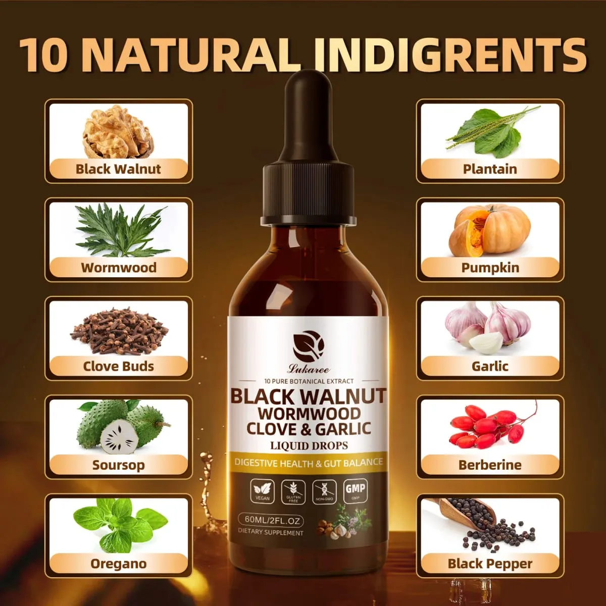 Black Walnut Wormwood Drop Rapid Gut Cleanse & Digestive Health with Clove Garlic Turmeric 98% Absorption Vegan Gluten-Free — image 2