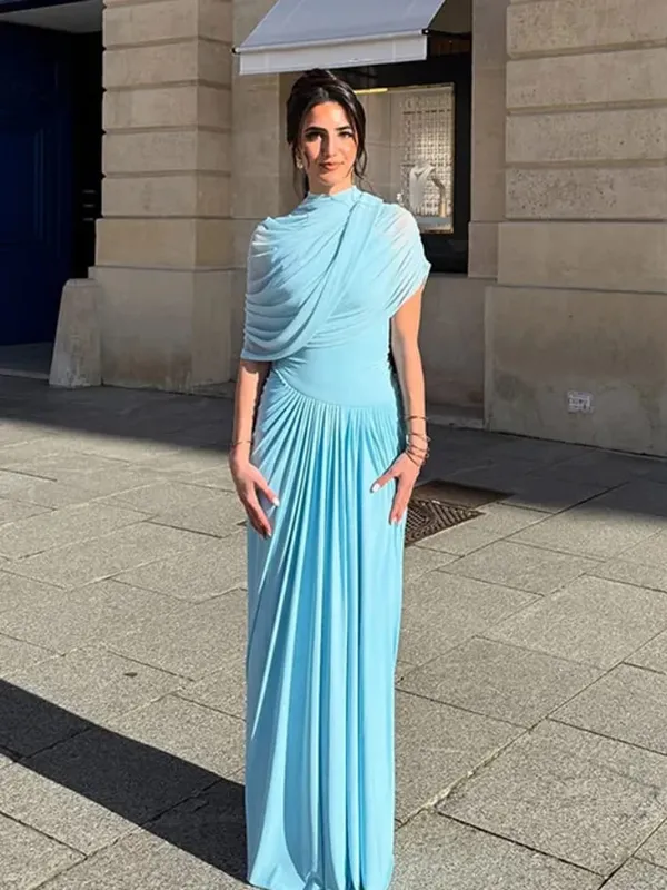 Irregular Pleated Ruched Maxi Dress Women's Backless Turtleneck Slim High Waist Robes Summer Lady Chic Street Vestidos 2025 New