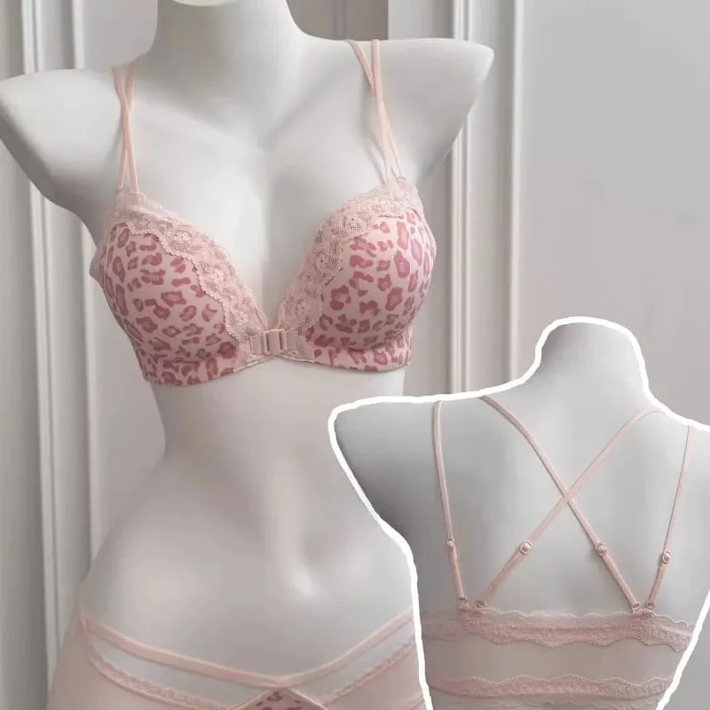 Sada růžových leopardích podprsenek vpředu se zapínáním na bezdrátovou podprsenku Victoria Style Push Up Enhance Bust 매력적인 Zadní design pro ženy s malým poprsím — image 1