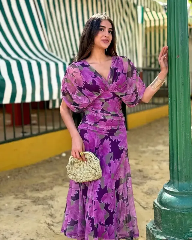 ผู้หญิงลึก V คอตาข่ายยาวชุดพัฟแขนสั้น Ruched เอวสูง Vestidos 2026 ฤดูร้อน Lady Casual street Robe — image 12