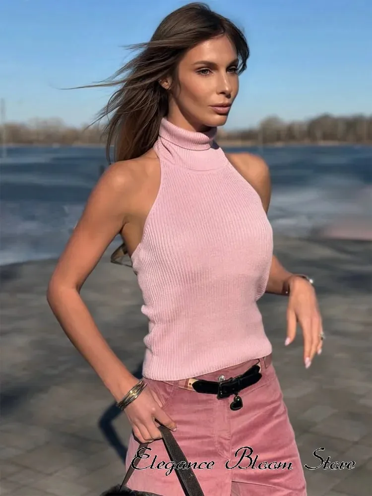 Débardeur sans manches en tricot de couleur unie pour femmes, col haut, dos nu, légèrement ajusté, gilet court, mode quotidienne minimale, tenue décontractée — image 5