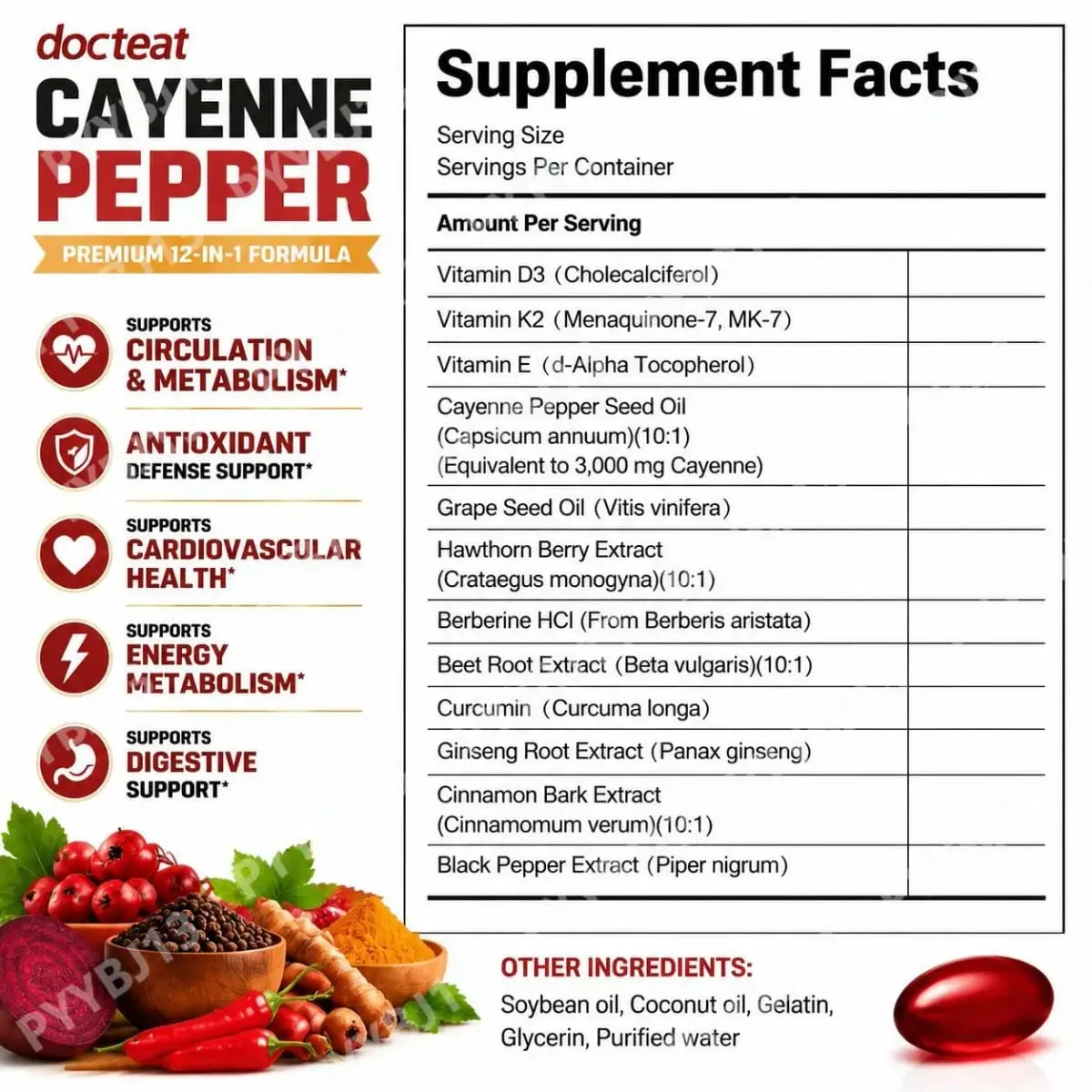 Docteat Cayenne Pepper Softgels with Vitamin D3 and K2 Energy Metabolism and Digestive Support Antioxidant Defense 180 Softgels — image 2