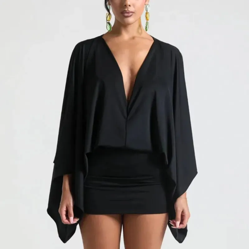 Yeni Sonbahar Şık Derin V Yaka Boho Elbise Retro Katı Eklenmiş Parlama Kollu Balo Elbise Bahar Kadın Kulübü Zarif Slim Fit Mini Elbise
