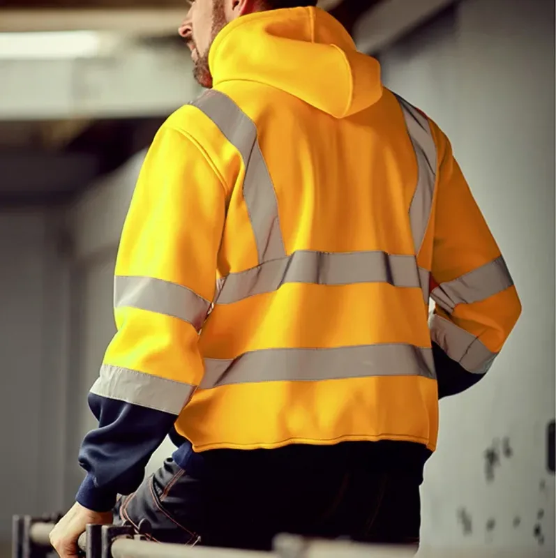 Sudaderas con capucha reflectantes de seguridad para el trabajo para hombre, chaqueta holgada con cordón y cremallera, Jersey fino de lana con capucha, abrigo, sudadera de trabajo informal — image 4
