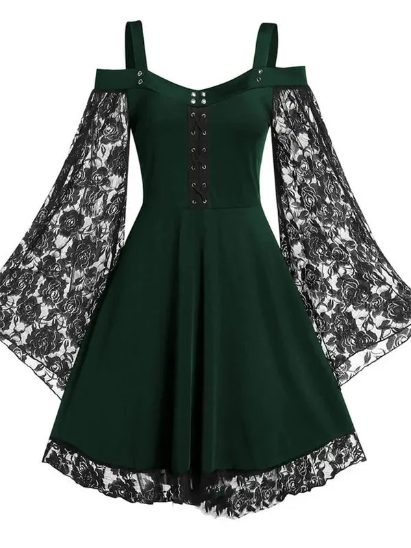 2022 New Gothic One-shoulder Lace Stitching Flared Sleeve Dress Literary Vintage Autumn Grunge Black A-line Dress Punk Partywear — image 8