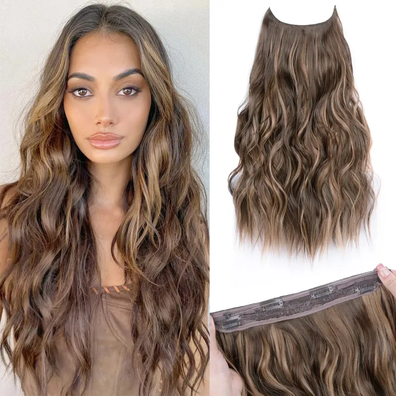 Extensions de cheveux synthétiques à fil Invisible, 4 Clips, ligne de poisson naturelle longue et ondulée, faux postiche une pièce pour femmes — image 15