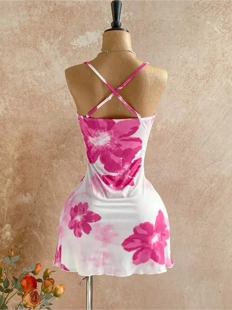 Abito da donna con cinturino sottile e collo ad anello rosa con stampa floreale laterale con volant increspato sul mini abito aderente 2026 Summer Tropical Beach Y2K per uscire — image 3