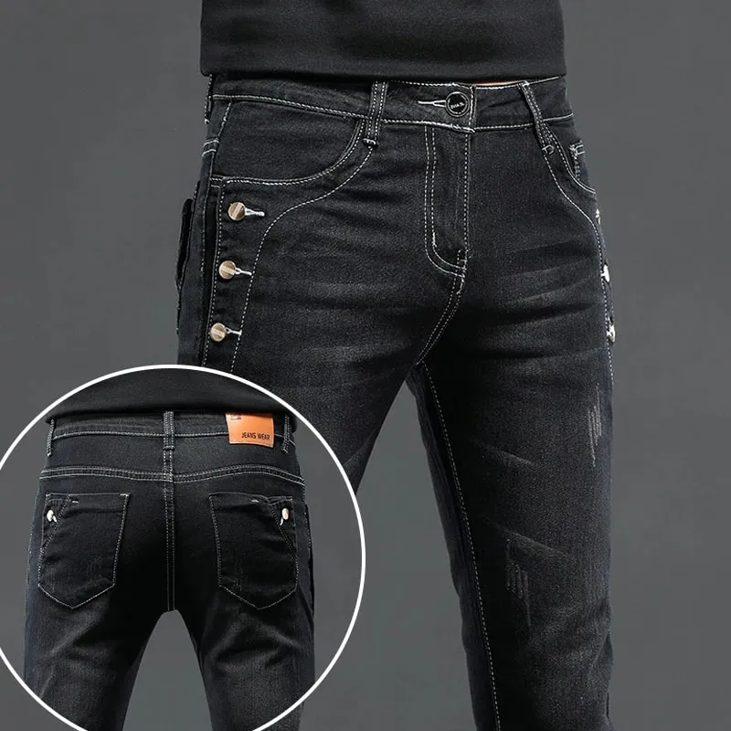 Nye mænd slanke, koreanske knap jeans, sorte skinny ensfarvede strækbare multi-knap, unge mandlige denimbukser Streetwear — image 2