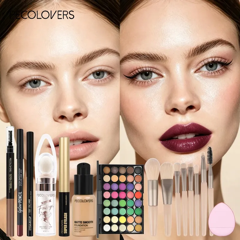 16PCS/SET Bright Multicolor Eyeshadow Long Lasting Foundation Primer Eye Lip Makeup and Soft Makeup Brushes for Party Looks