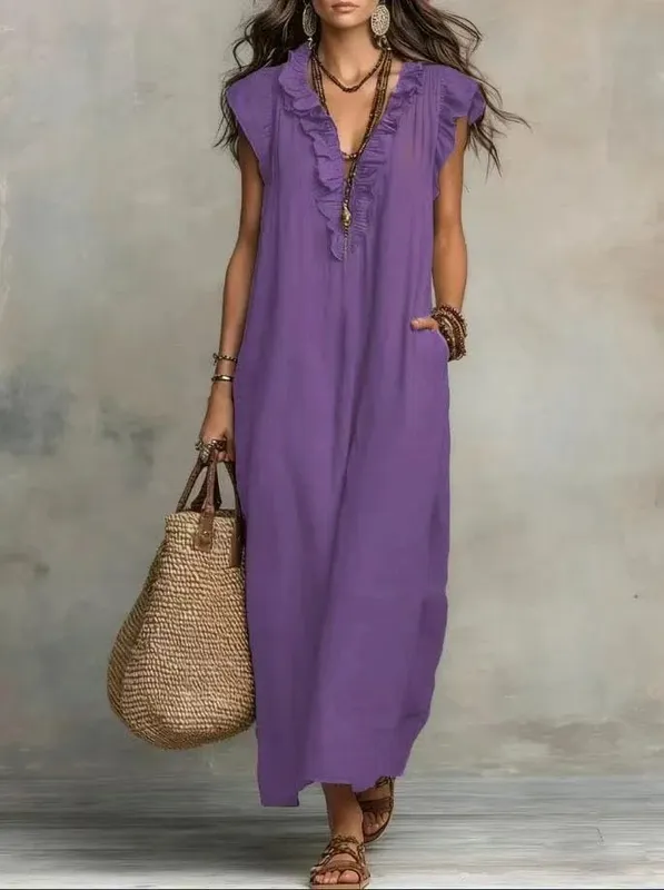 2026 Estate Donna Boho Cotone Lino Maxi Abito Tinta unita Ruffle Scollo a V Senza maniche Abiti lunghi larghi con tasche Casual Beach — image 6