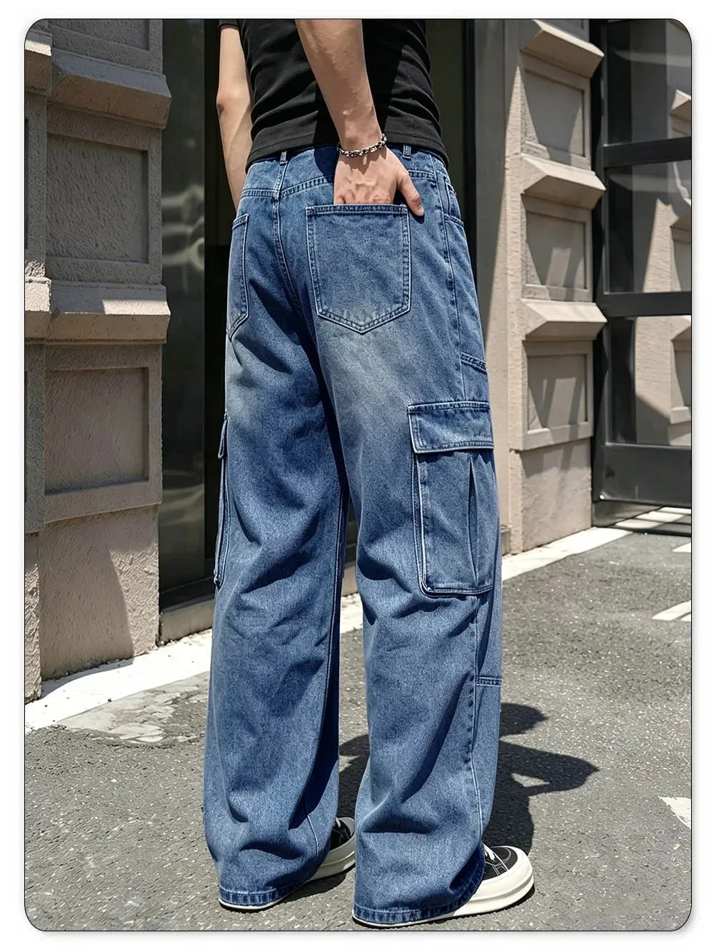 Męskie jeansy cargo w stylu retro z wieloma kieszeniami, odpowiednie na każdą porę roku. Luźne, proste nogawki. Codzienne, codzienne spodnie dżinsowe — image 6