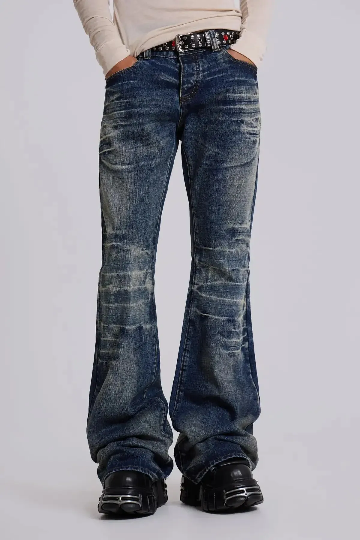 Y2K Jeans svasati blu medio lavati uomo donna jeans bootcut gotico High Street unisex streetwear pantaloni larghi a gamba larga — image 9