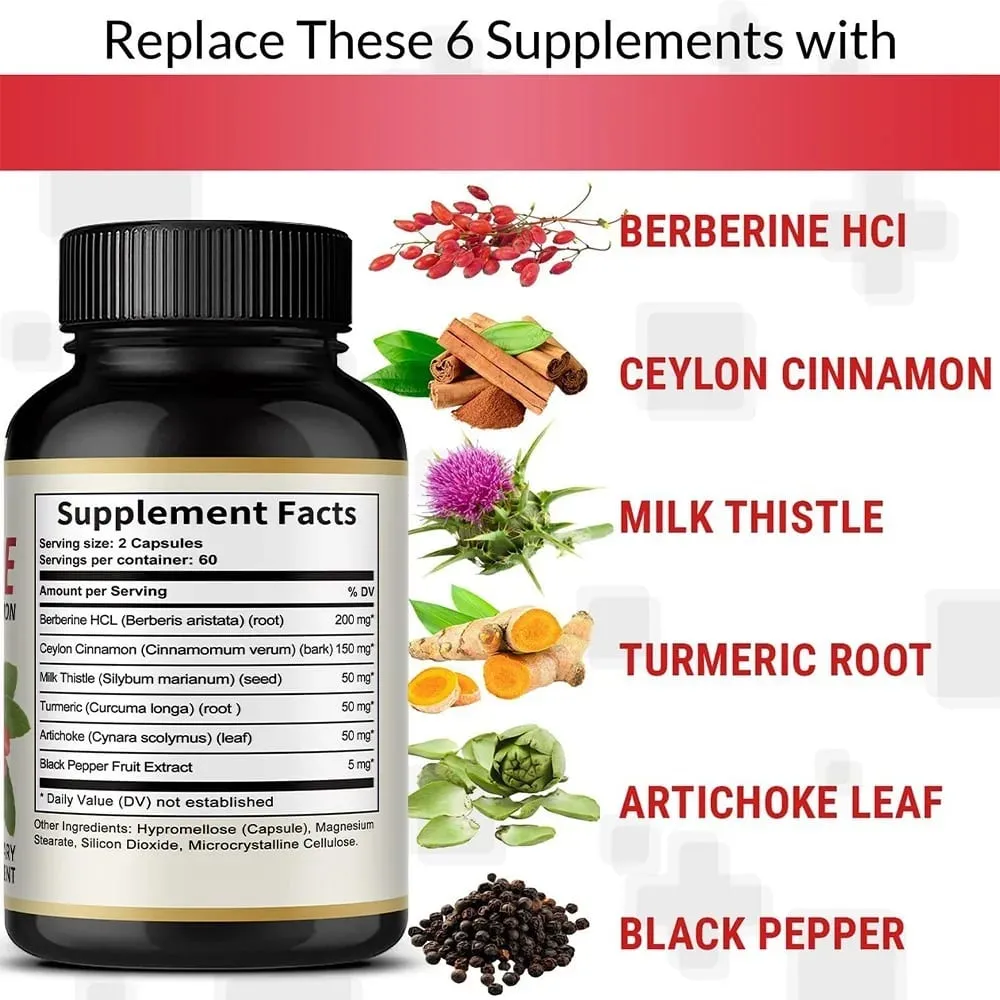 6 in 1 Supplement Berberine with Ceylon Cinnamon Turmeric Milk Thistle Artichoke Black Pepper Support Digestive Liver Health — image 4