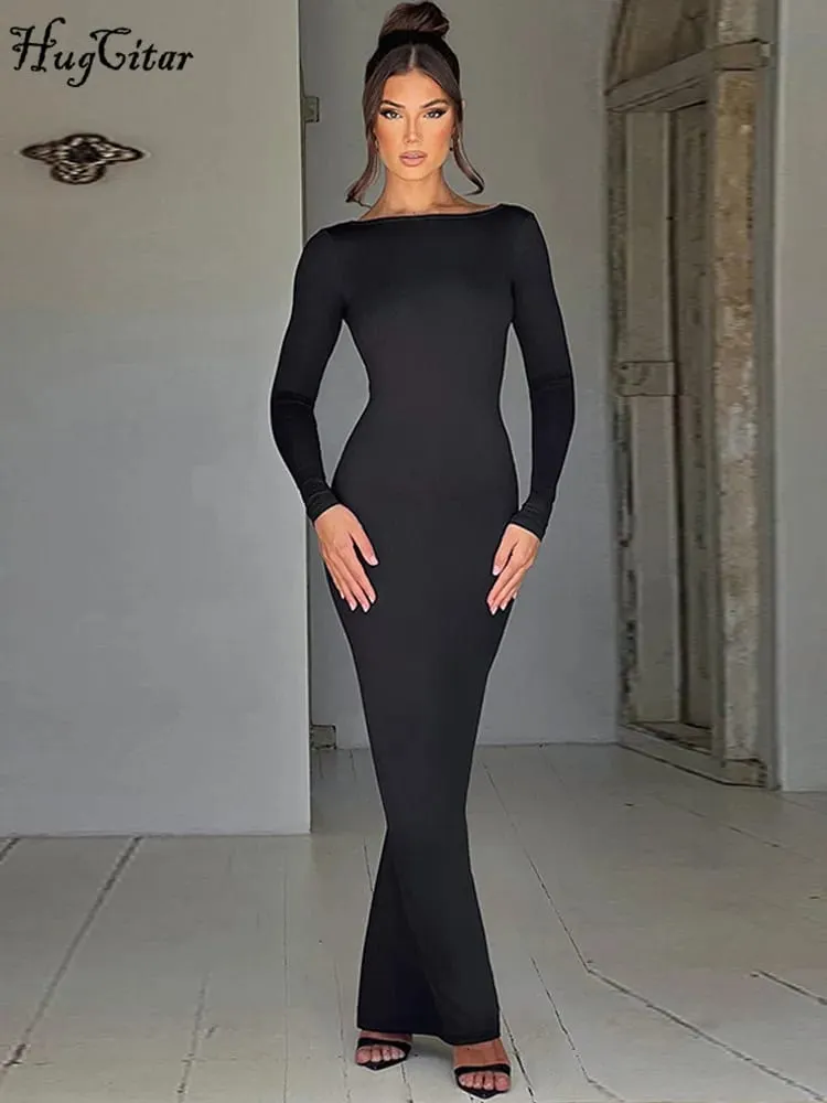 Hugcitar Spring Elegant Langærmet Rygløs Solid Cuched Sexet Bodycon Maxi Gallakjole Kvinder Outfit Aften Fest Festival Y2K