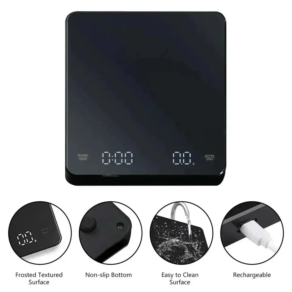 משקל אספרסו דיגיטלי נטענת USB עם מסך LED טיימר 3 ק"ג 0.1 גרם דיוק משקל מטבח תמיכת g oz ml המרת יחידה — image 6