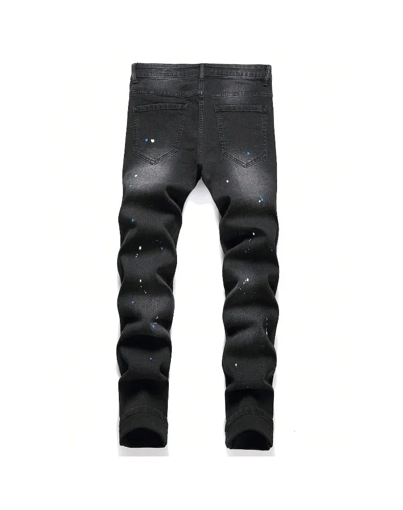 2025 ฤดูใบไม้ร่วงใหม่ยืดกางเกงยีนส์แฟชั่น Ripped Patchwork Slim ยุโรปอเมริกันกางเกงชายสี Dot Hip Hop DENIM กางเกง — image 10
