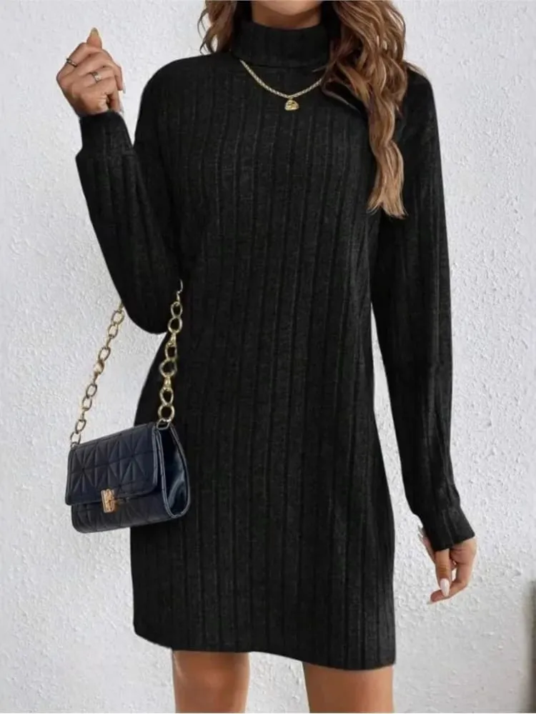 Robe décontractée à col roulé pour femme, manches longues, couleur unie, tricotée, nouvelle mode, ample, confortable, collection automne hiver 2024 — image 2
