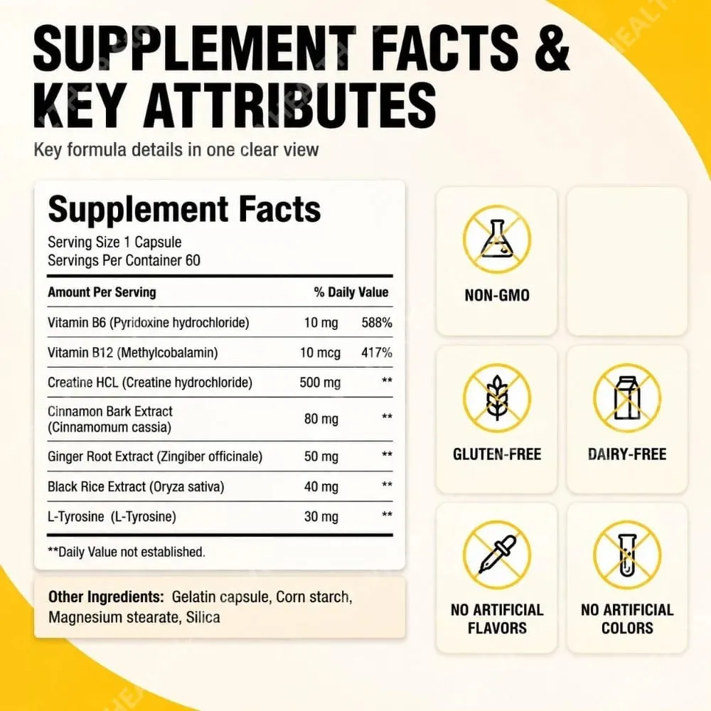 Docteat Creatine HCL Capsules พร้อมวิตามินบี 6 B12 และอบเชยเพื่อพลังงานของกล้ามเนื้อและการสนับสนุนประสิทธิภาพผู้ใหญ่ 60 แคปซูล — image 4
