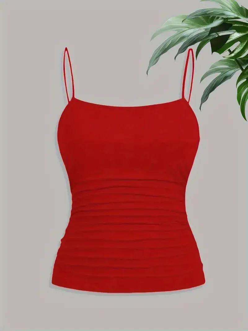 Femmes élégant mince sangle froncé Cami haut coupe ajustée sans manches Camisole doux extensible basique débardeur été sous-vêtements tendances Blac — image 6