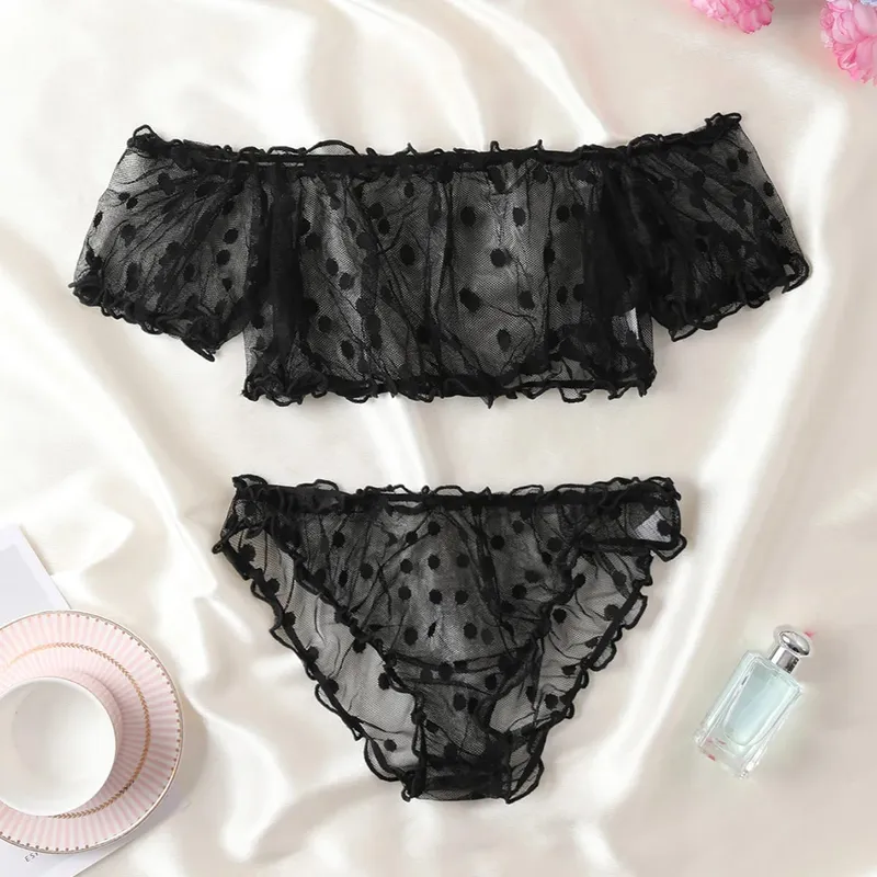 Corak Polka Dot Rekaan Separuh Tipis Set Pakaian Dalam Pakaian Atasan Bustier Dan Set Seluar Dalam Pakaian Wanita — image 7