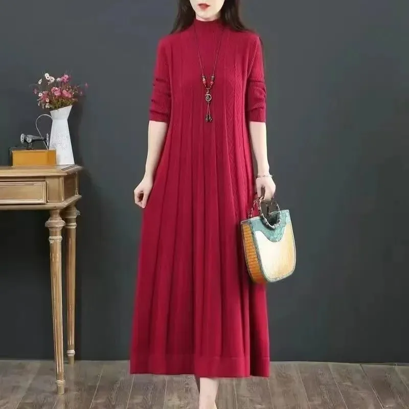 Herbst/Winter Frauen Gestrickte Kleid 2025 Neue Feste Lose Pullover Halb Hohe Kragen Lange Gestrickte Pullover Kleid Weibliche Hohe-qualität — image 6