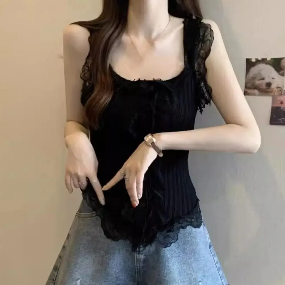 Cute Y2k Lace Knitted Crop Top Tank Korean Style Women's Knit Vest Top Undershirt Sweet Sleeveless Camisole Summer — image 6