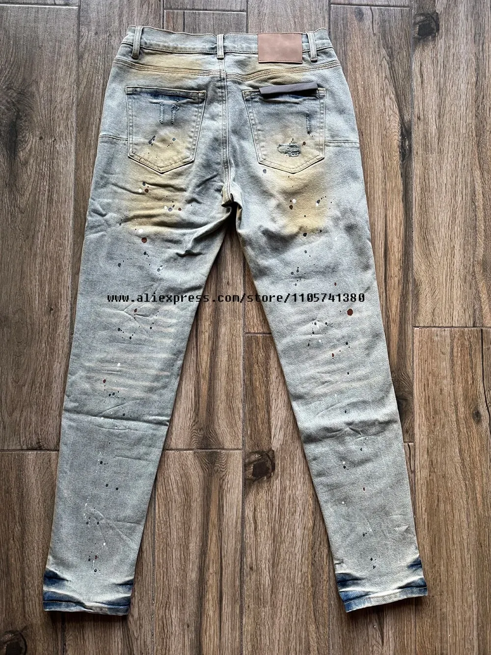 Pantalon en jean déchiré pour hommes, délavé, bleu clair, graffiti, trous endommagés, extensible, slim, bouton, braguette — image 2