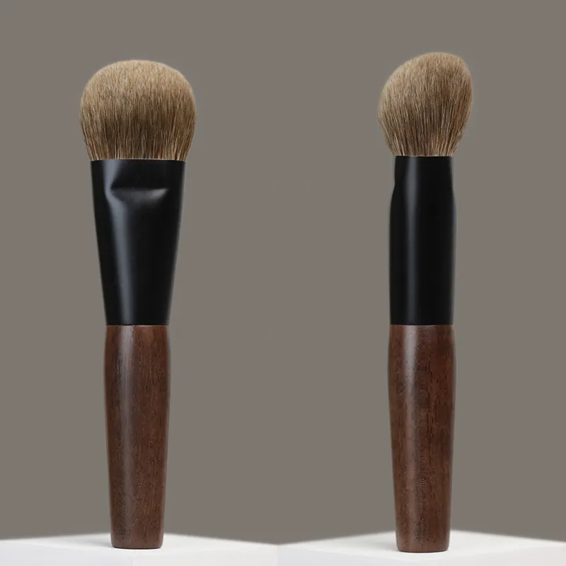 T101 Professional Handmade Makeup Brushes Soft Natural Goat Hair Tilted Foundation Brush Short Ebony Wood Handle Make Up Brush — image 4