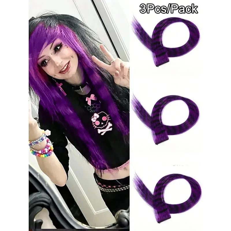 3 pezzi estensioni dei capelli con stampa leopardata striscia sintetica pezzo di capelli stampato clip lunga e dritta colorata nei capelli per le donne ragazze festa — image 10