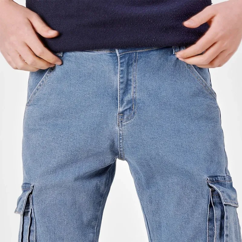 Pantalones Cargo de Mezclilla con Cintura elástica Estilo Callejero para Hombre, Vaqueros Informales de Corte Entallado y Lavado de Color sólido con múltiples Bolsillos para Uso Diario