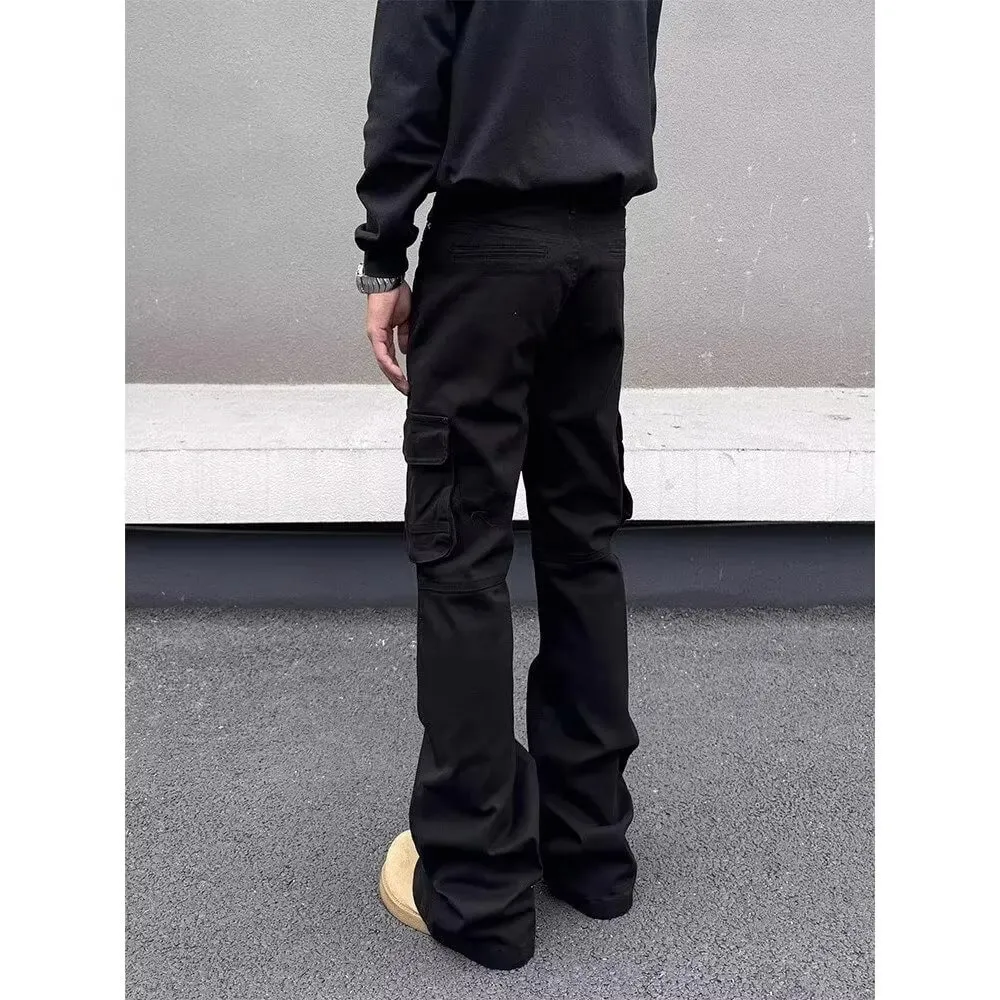 สไตล์อเมริกัน Vibe ย้อนยุคอุตสาหกรรมหนักหลายกระเป๋าประกบ workwear กางเกงยีนส์ผู้ชายหลอดตรงไมโครบานบางพอดีกระทะยาว — image 5