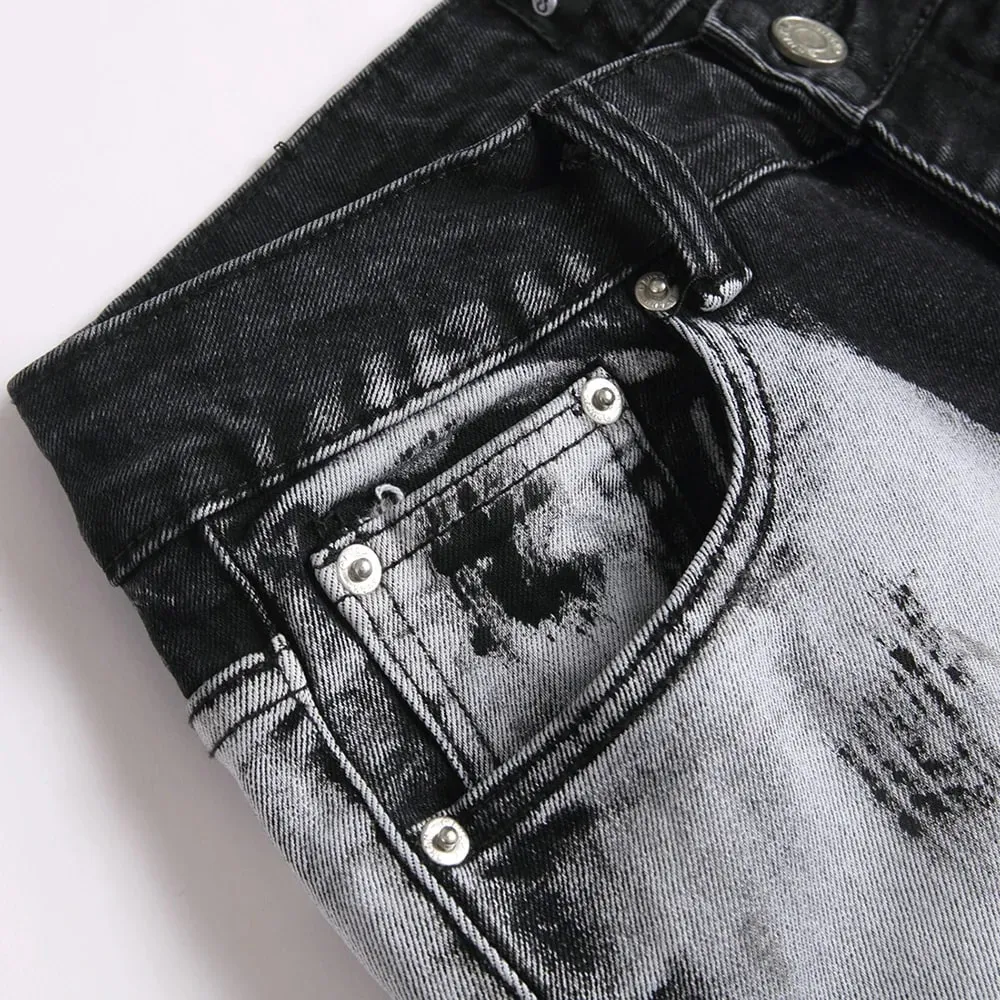Giày Boot Nam Cắt Denim Jeans Sơn Nút Bay Slim Quần Loe Áo Dạo Phố Co Giãn Spandex Quần Cotton