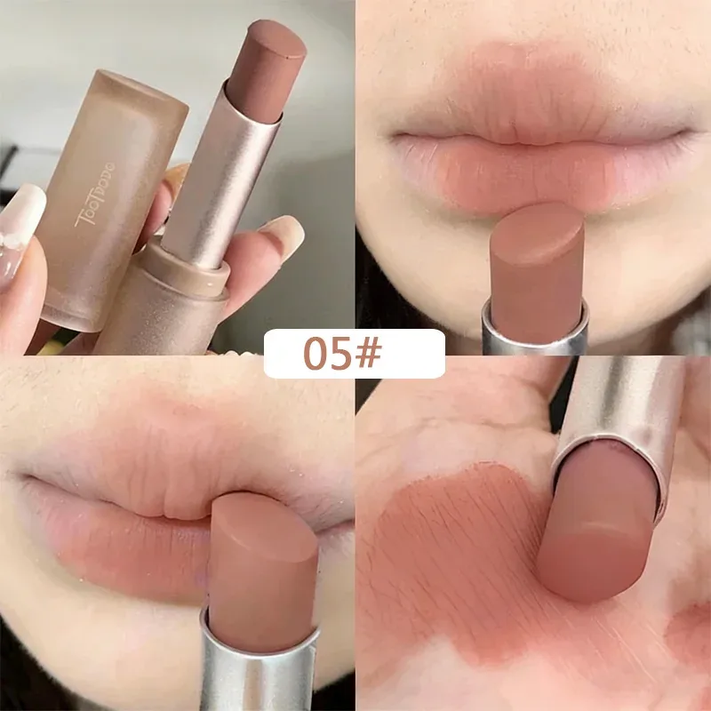 Rouge à lèvres velours mat, brun froid, soyeux, longue durée, imperméable, tasse antiadhésive, brillant à lèvres, brume douce, teinte chair, maquillage pour les lèvres