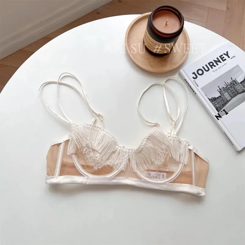 Førsteklasses gennemsigtigt mesh-bh-sæt frynsede blonder med halv kop minimizer Ultratynd luksusundertøj fuld bustdækning Slank silhuet