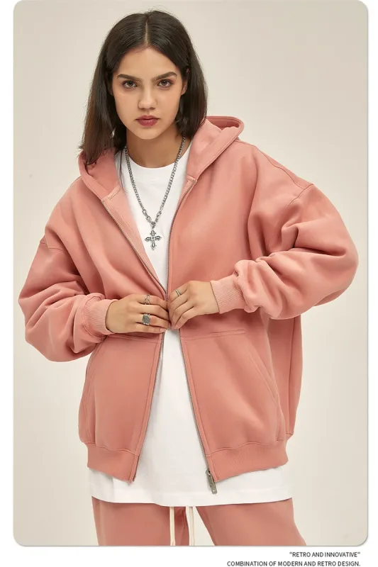 New Men Double Headed Zipper Fleece Hoodies Unisex Loose Basic Solid Warm Hooded Sweatshirts Coats For Winter HY0633