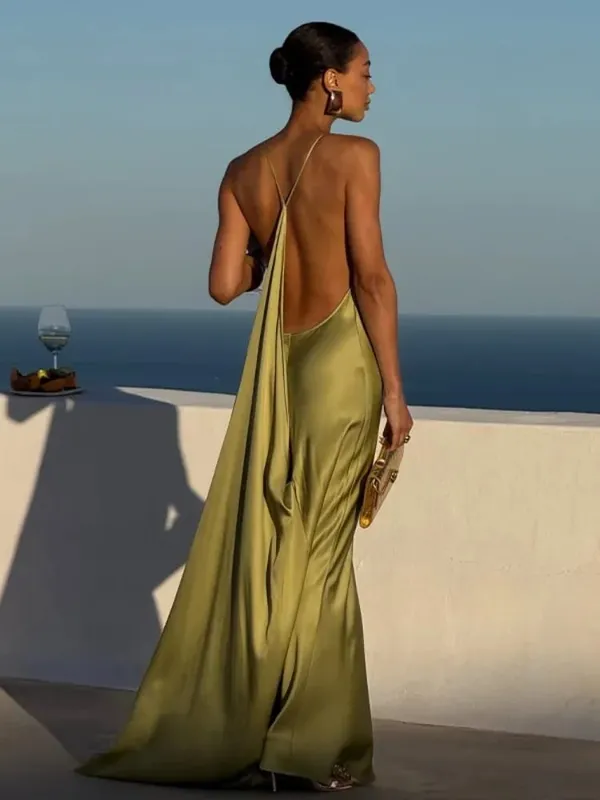 Solid tynd spaghetti-strop kappe-hals-slip lang kjole kvinder ærmeløs høj slids slim fittede aftenkjoler Elegant festoutfit — image 8
