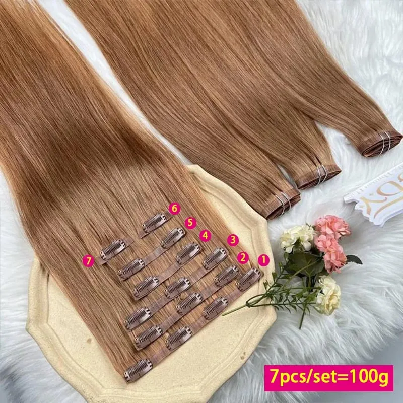 # 30 Colore dritto invisibile clip senza cuciture nelle estensioni dei capelli PU Clip Ins 7 pezzi / set 100g 100% capelli umani vergini grezzi testa piena — image 2