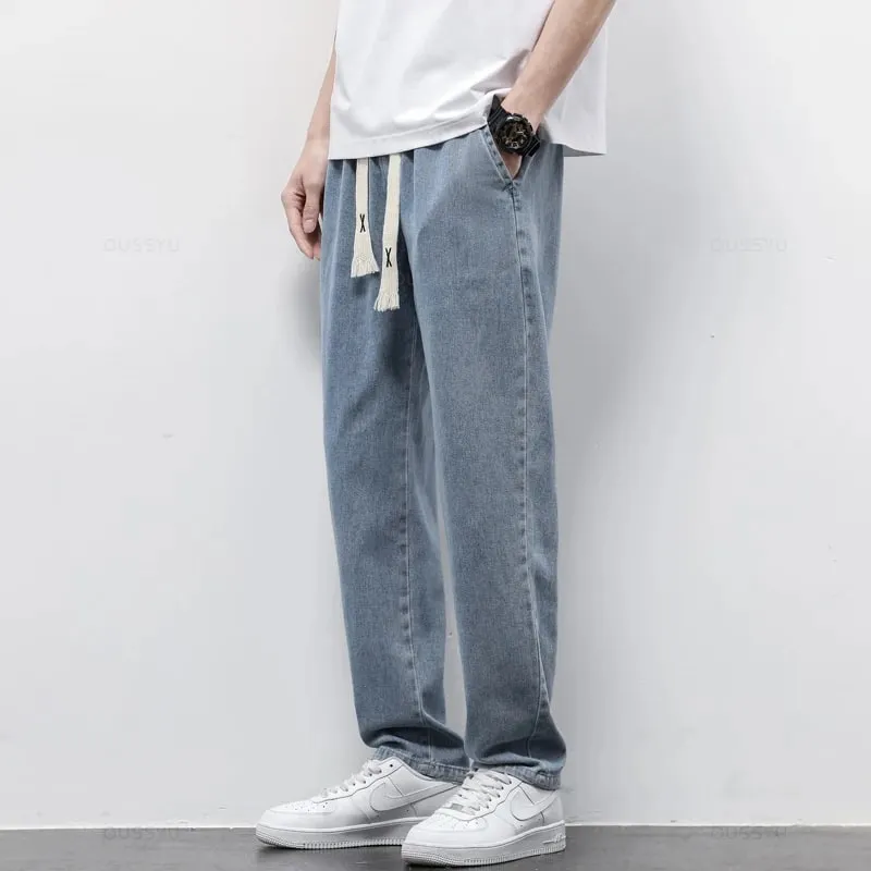 Jeans Pria Pinggang Elastis Sepenuhnya Kualitas Tinggi Celana Lurus Serut Lembut Katun Celana Panjang Kasual Korea Pria Ukuran Besar S-5XL — image 6