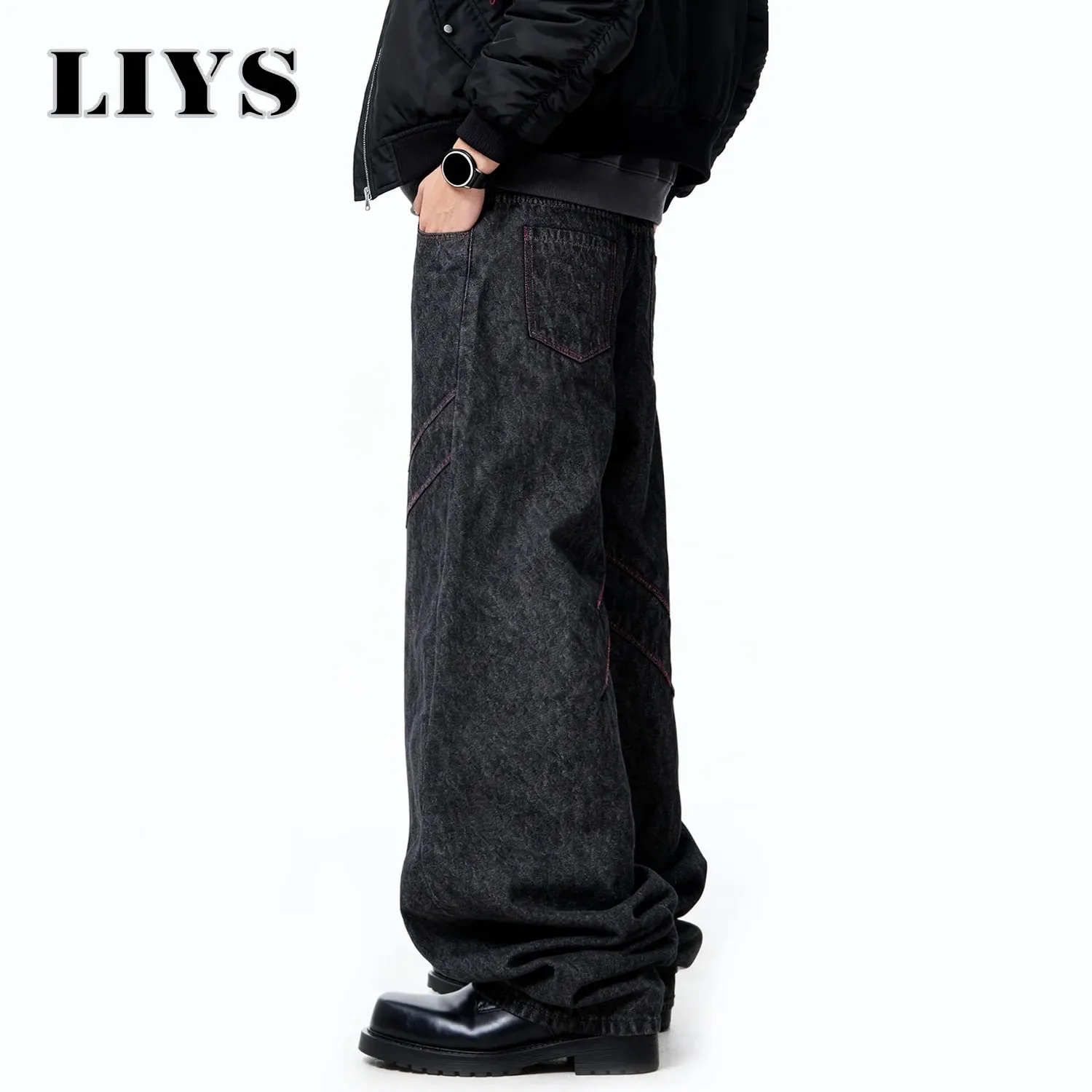 Four Seasons American Retro Men's Black Baggy Wide Leg Jeans Basic Business Casual Loose Denim Pants Unisex Street Jeans — image 5
