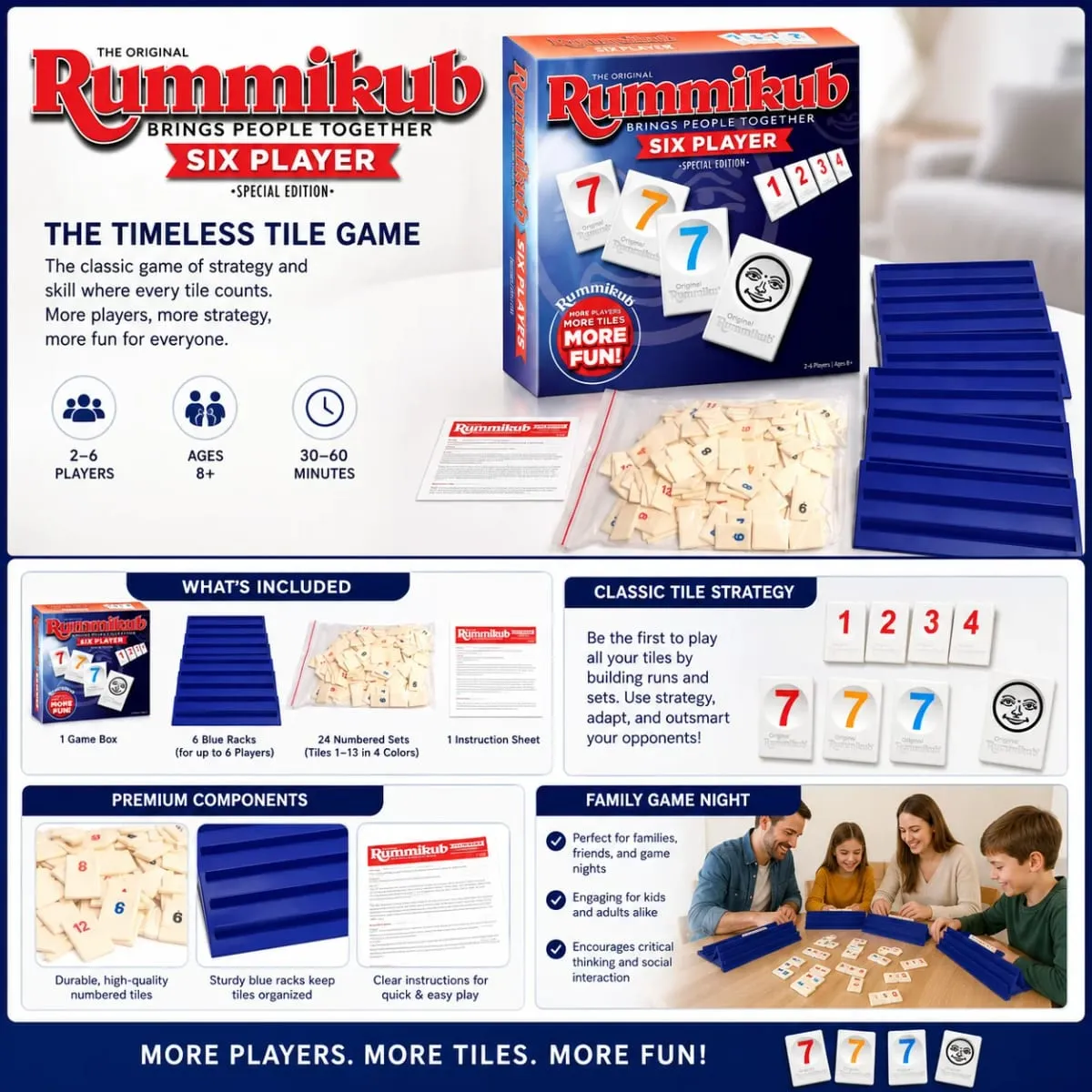 Rummikub เกมกระดานกลยุทธ์สำหรับผู้เล่นหกคนพร้อม Blue Racks Number Logic Family Party เวอร์ชันภาษาอังกฤษ — image 4
