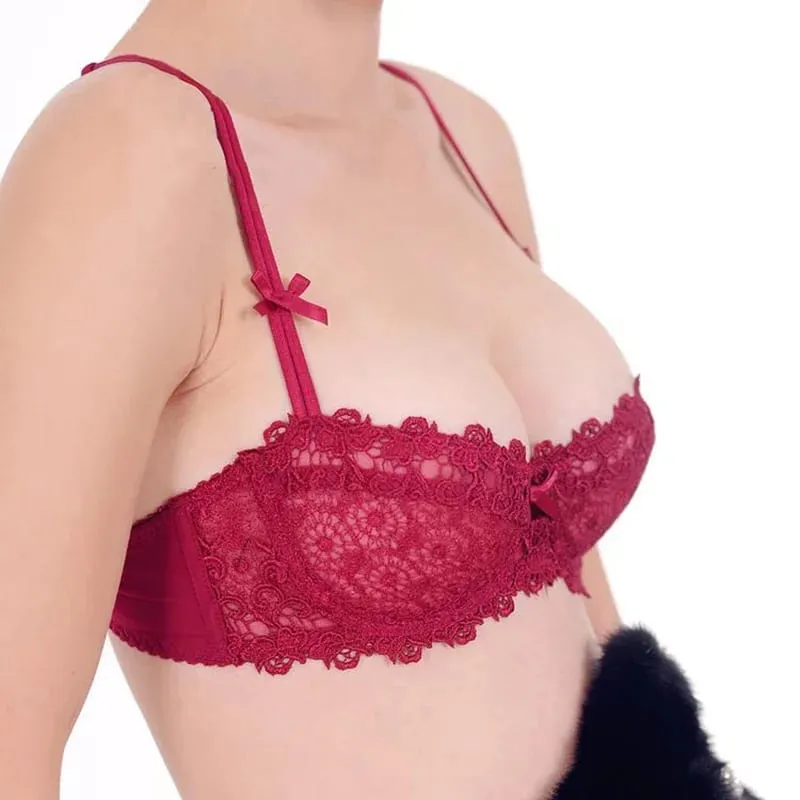 PLUS ขนาดเซ็กซี่ครึ่งถ้วยลูกไม้ Bra SHEER ตาข่าย Unlined Bralette สำหรับผู้หญิง A D ถ้วยที่มองไม่เห็น Push Up Underwire ชุดชั้นในชุด — image 3
