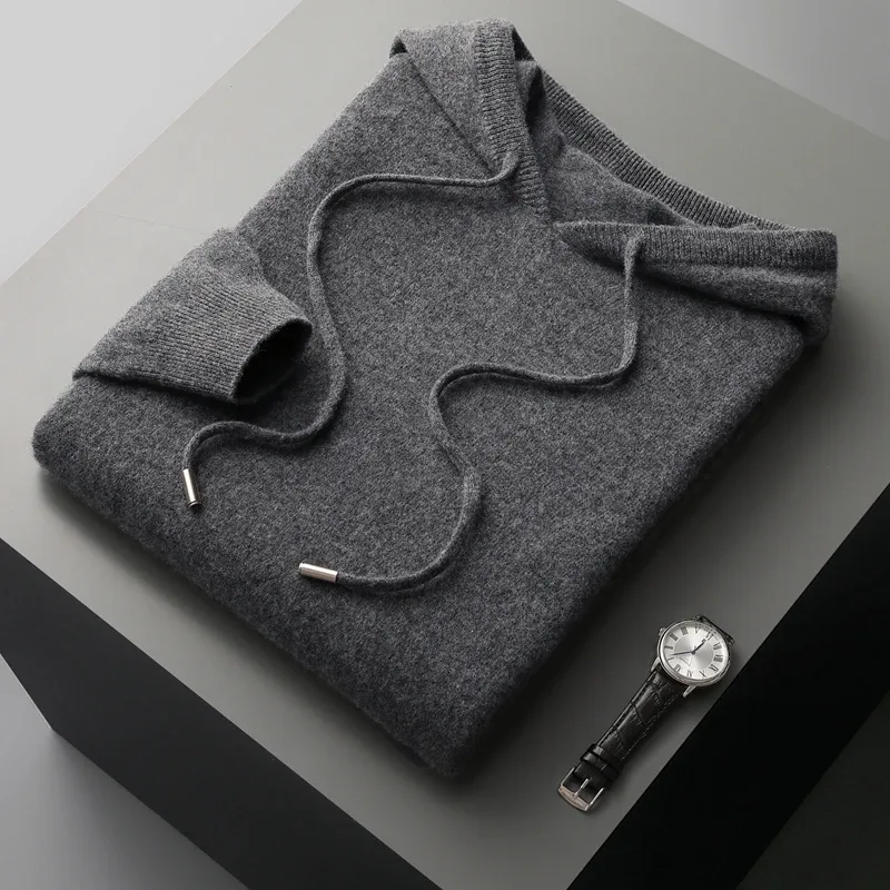 Men's 100% Merino Wool Sweater Hooded Collar Knitted Pullover Sweatshirt Autumn Winter Casual Large Tops Long Sleeved — image 7