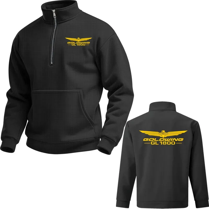 2025 Solid color plus size Textured men's pullover top Gold Wing gl1800 print Loose comfortable Stand Collar Zipper Hoodies
