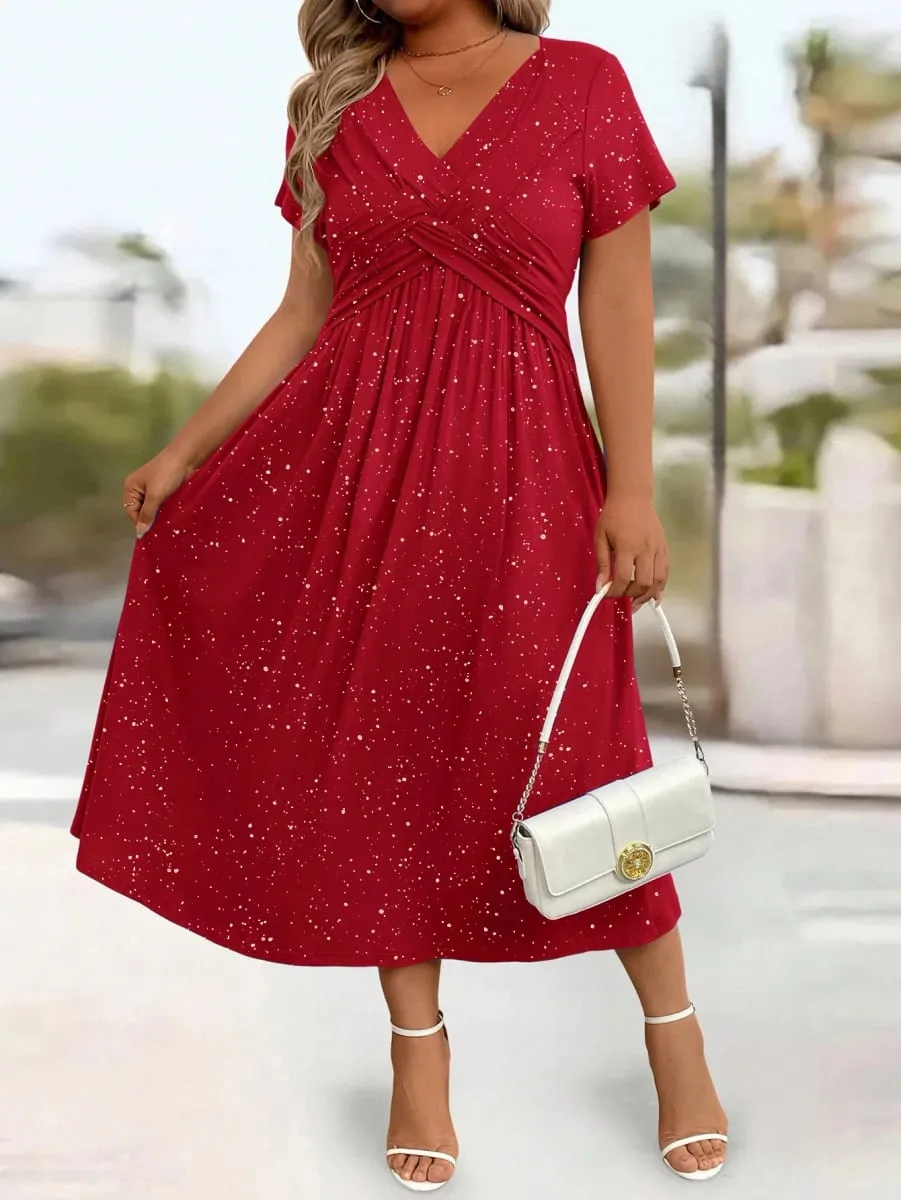 Robe élégante grande taille pour femme avec nœud torsadé brillant saupoudré de poudre avec poches et col en V — image 3