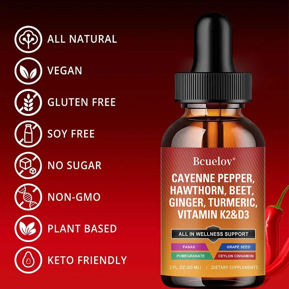 Cayenne Pepper Tekuté kapky + Hawthorn Vitamin D3 K2 Cejlonská skořice Kurkuma BIO doplněk k ženšenu pro zdraví střev — image 5