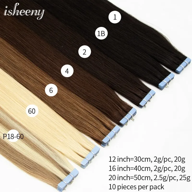Isheeny Invisible Tape In Hair Extensions 12" 16" 20" Skin Weft Tape Ins 10 stk Naturlig Straight Machine Made Remy Human Hair — image 3