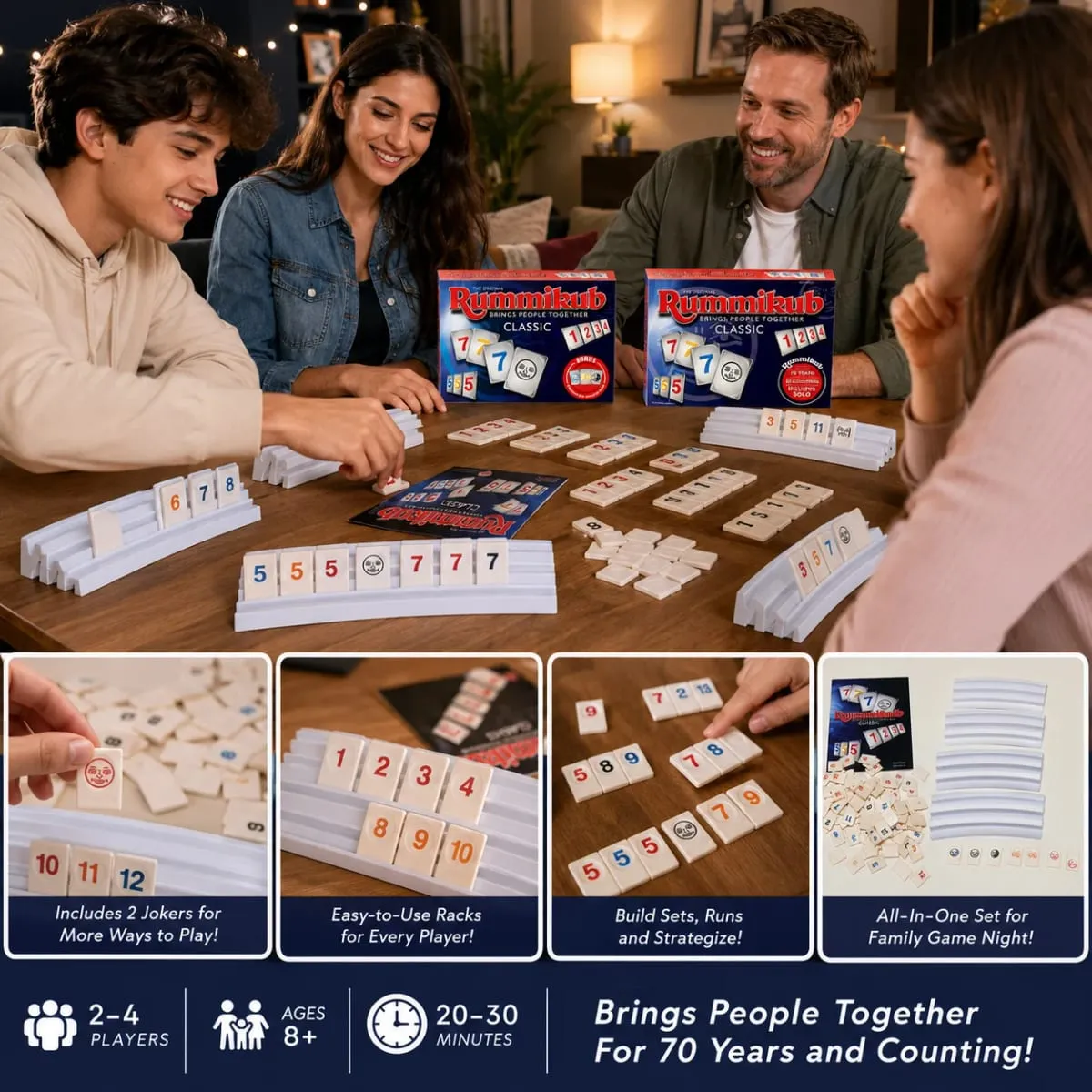 Rummikub 클래식 숫자 타일 전략 보드 게임 (랙 포함) 가족 파티 어린이 성인 영어 버전