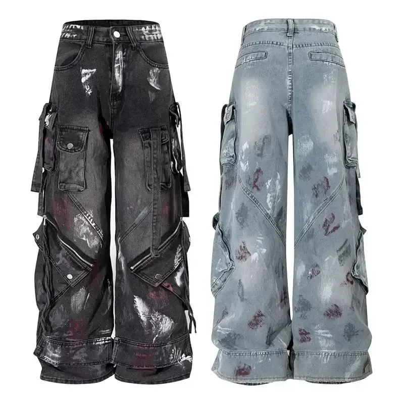 Seluar seret industri berat Y2K tahun 2000-an Gothic berbilang poket hip hop seluar jeans kaki lebar dicuci seluar jeans hitam lelaki dan wanita seluar jalanan — image 7