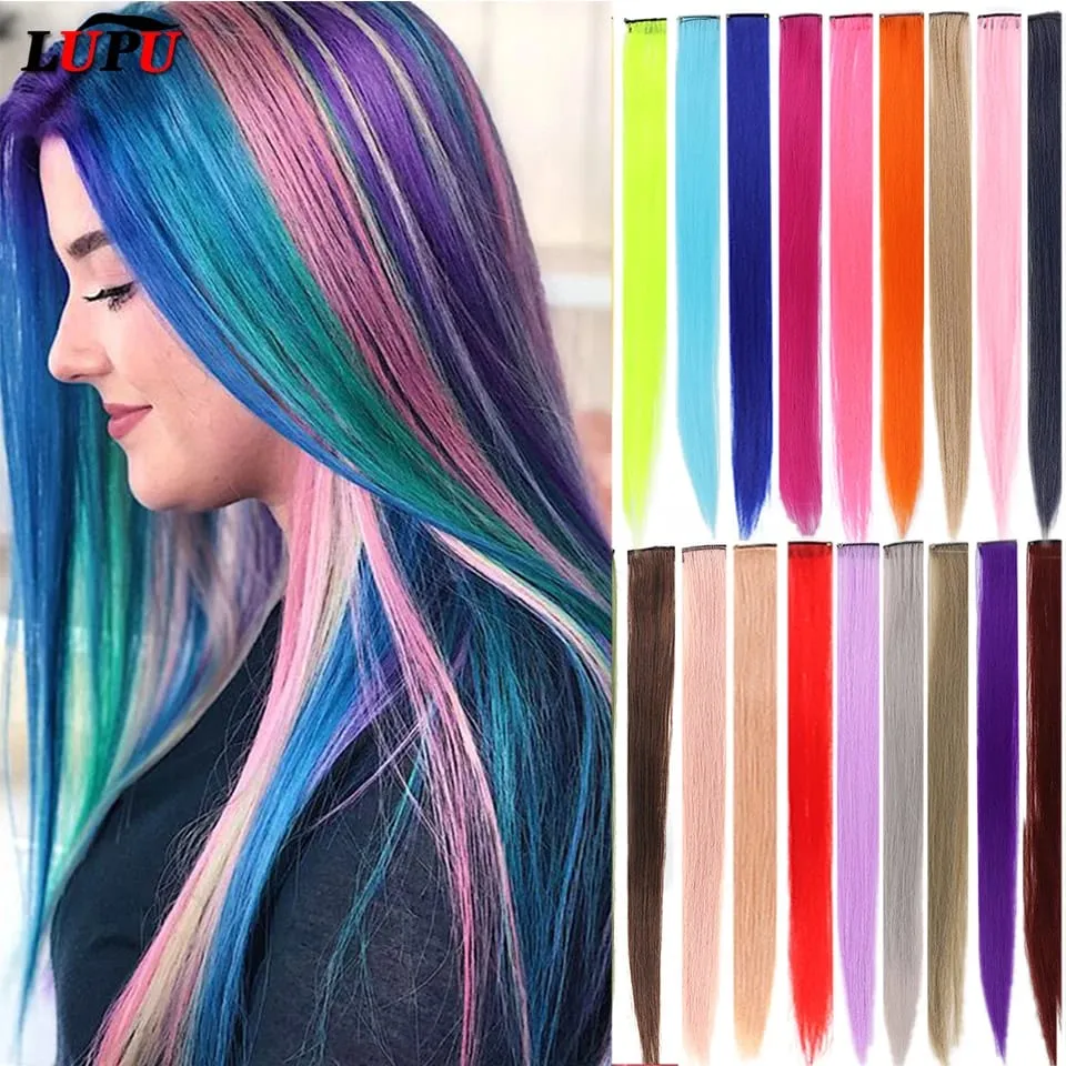 Estensioni dei capelli sintetici da 22 pollici con evidenziazione colorata Arcobaleno Posticci lunghi dritti per donne Bambini Ragazze Viola Rosa Blu — image 2